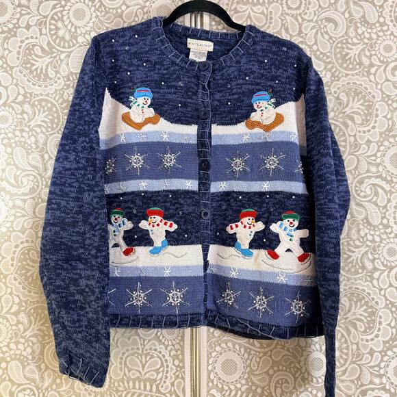 Christmas Snowman Sweater Cardigan Vintage Large - Picture 1 of 4